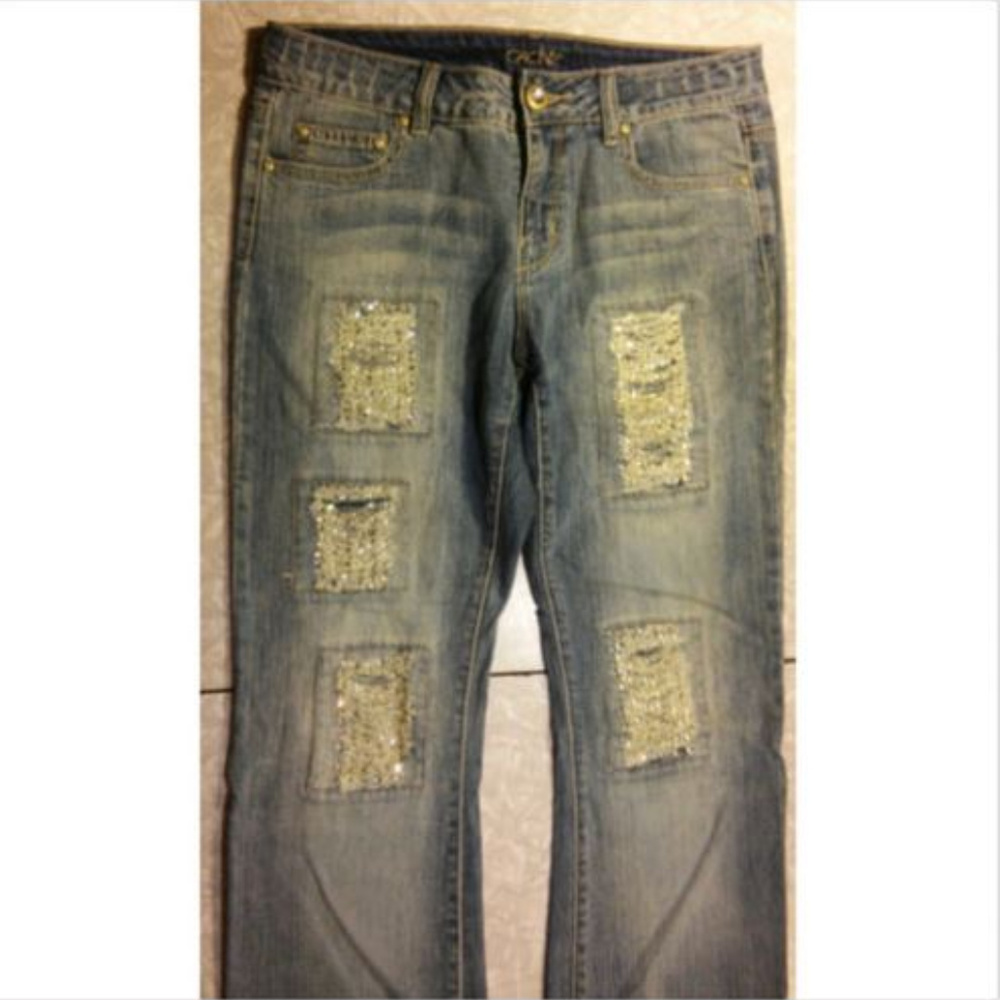 Cache Distressed Rhinestone Patches Bootcut Jeans - image 2